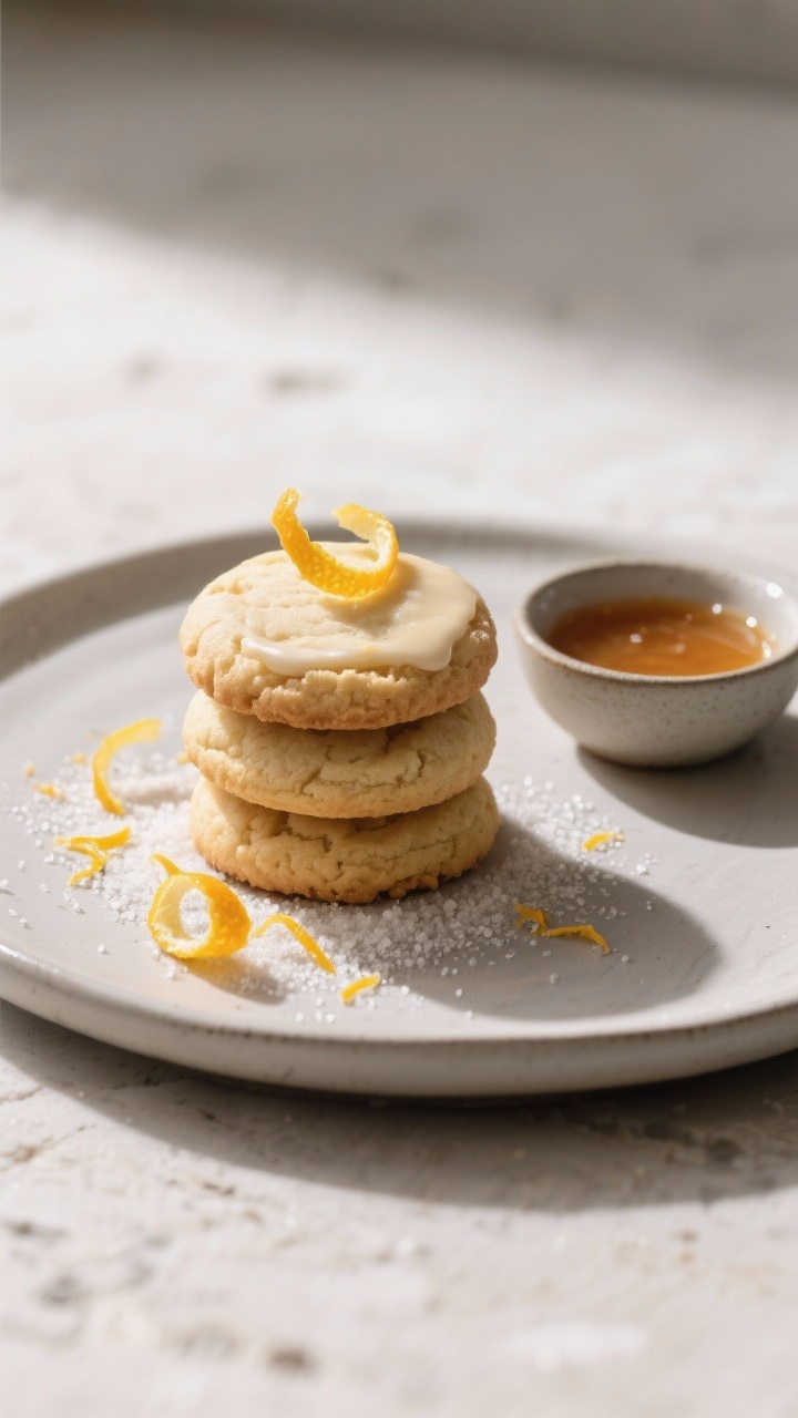 Final plated presentation: Restaurant-quality plate of three bakery-soft vegan sugar cookies stacked