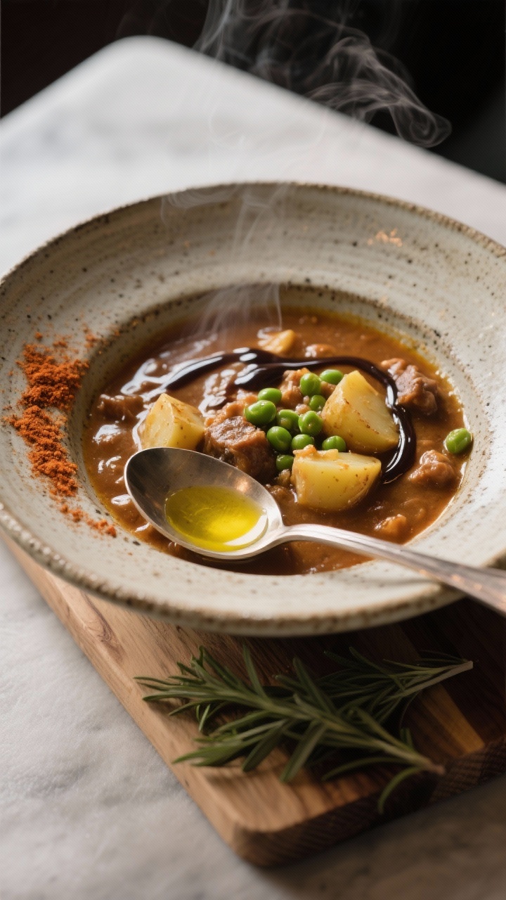 Final plated: Restaurant-style presentation of the stew in a rustic stoneware bowl on a wooden board