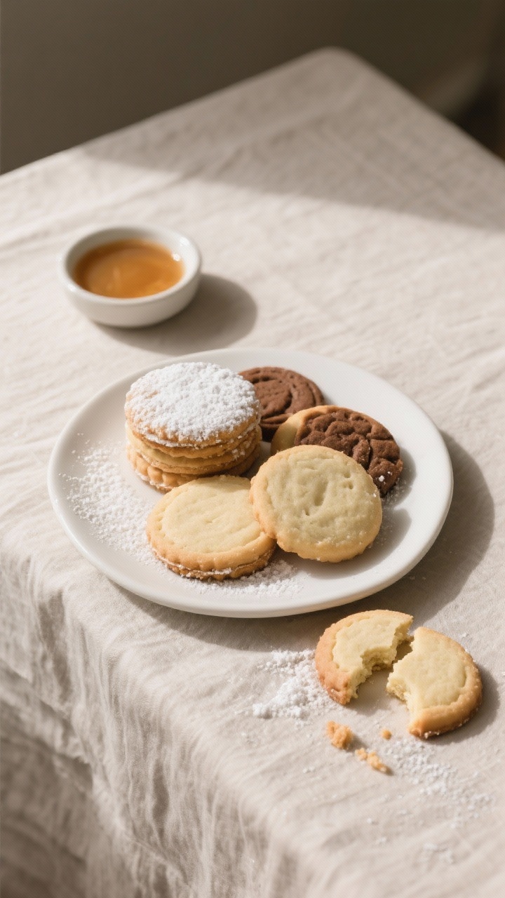 Final presentation: Bakery-style plate-up of assorted vegan sugar cookies on a matte white platter w
