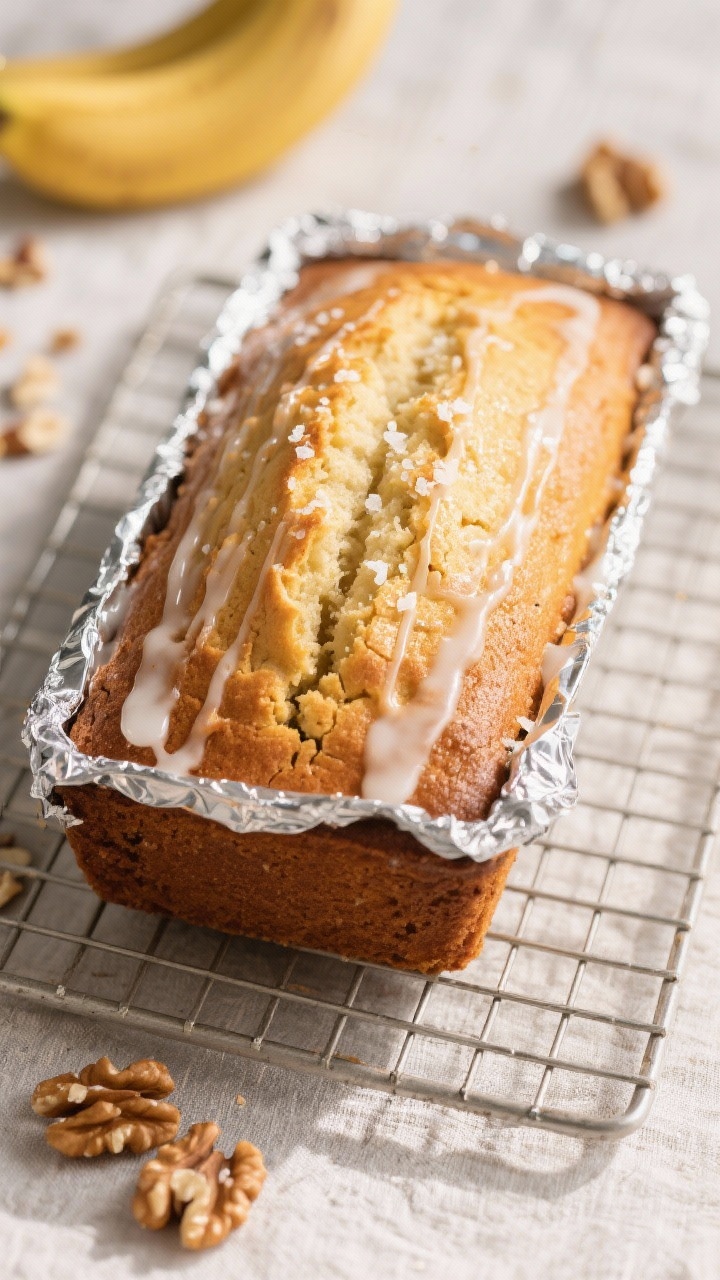 Final presentation: Beautifully baked keto banana cake loaf on a cooling rack, golden domed top with