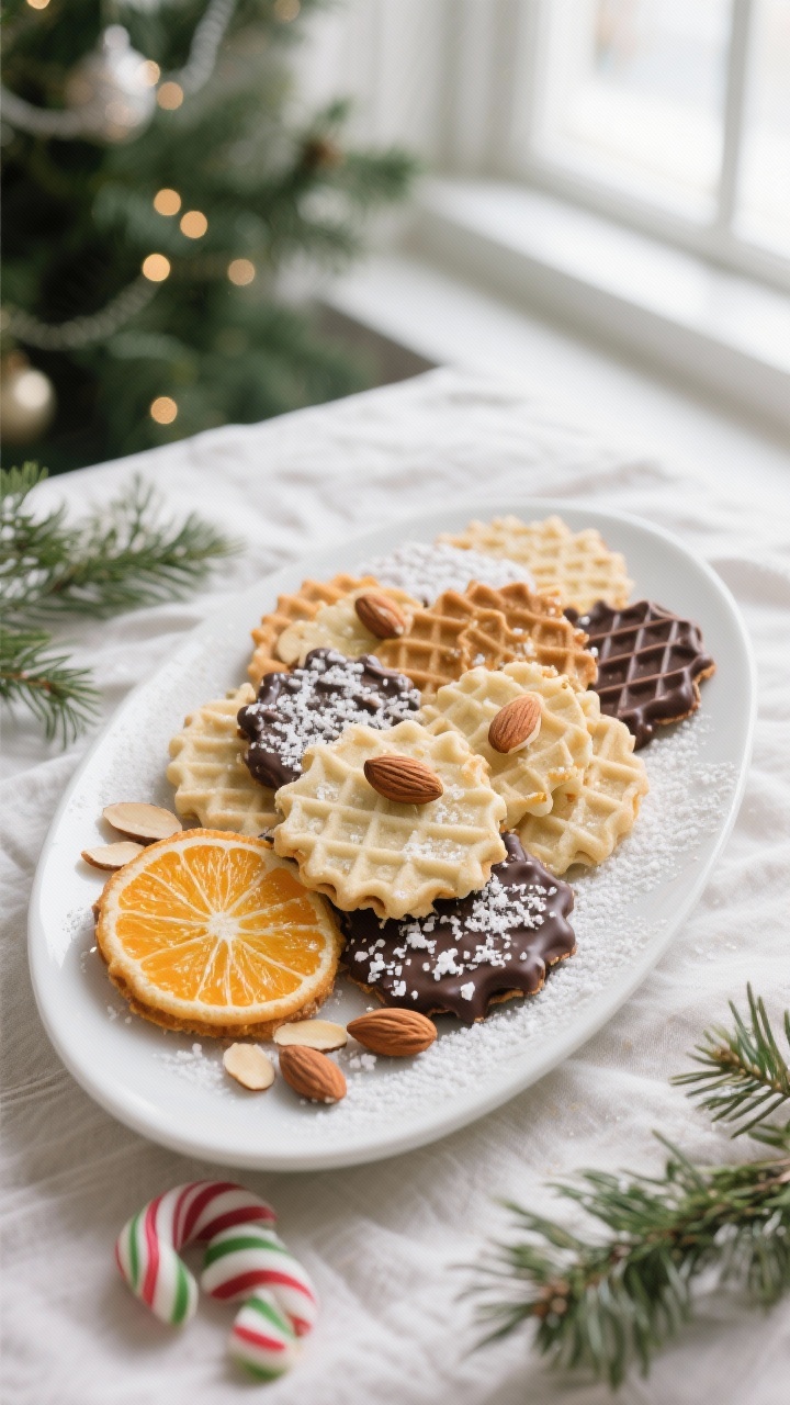 Final presentation: Elegant holiday platter of mixed-flavor pizzelles (classic vanilla-anise, citrus