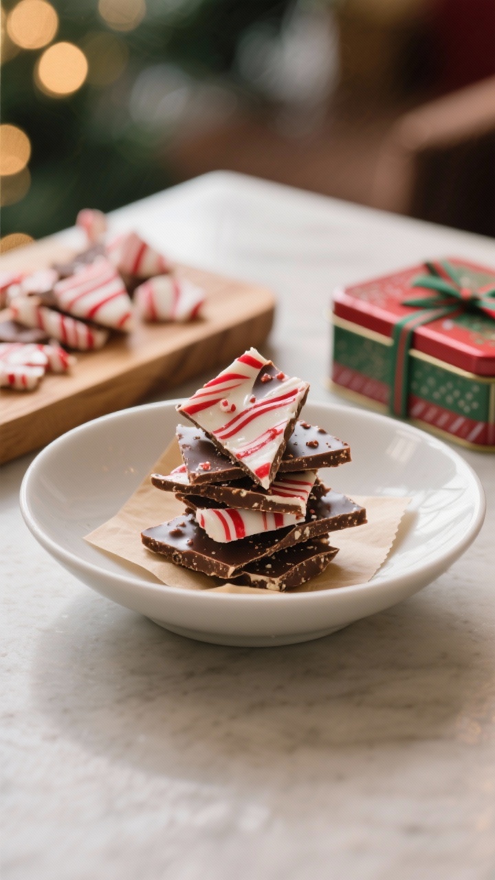 Final presentation: Restaurant-quality plating of irregular peppermint bark shards stacked casually 