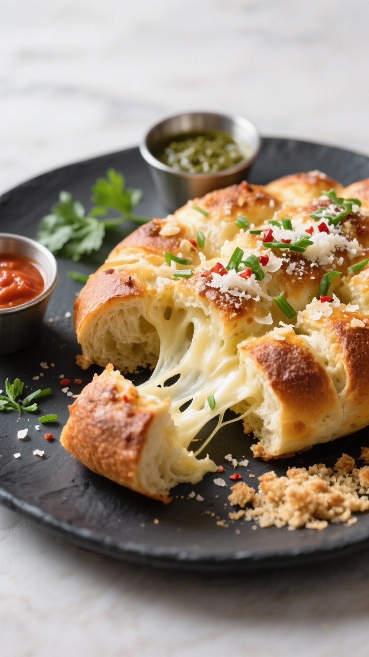 Final presentation: Restaurant-quality serving of the finished pull-apart garlic cheese bread on a d