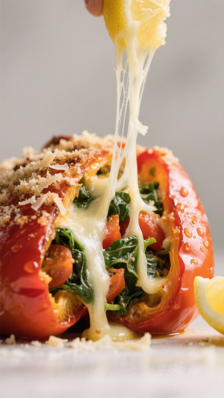 Macro cheese pull detail: Extreme close-up of a sliced-open stuffed pepper showing the juicy, well-s