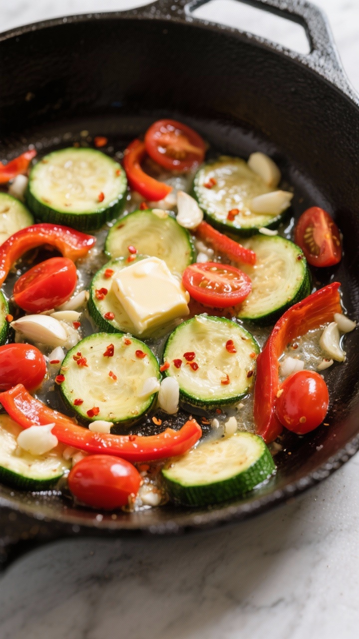 Mid-cook flavor build: Overhead shot of the skillet after veggies hit the heat—tender-crisp zucchi
