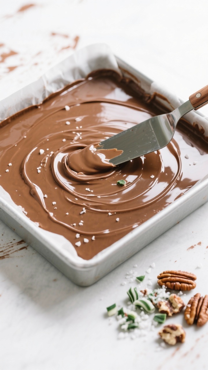 Overhead “pour and level” moment: Top-down shot of freshly poured fudge being smoothed in a parc