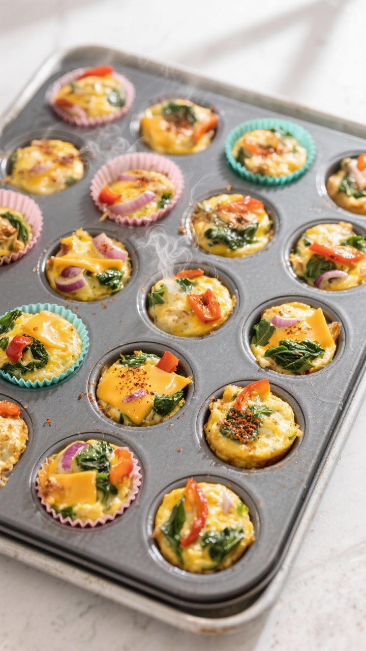 Overhead shot of a 12-cup nonstick muffin tin just out of the oven, filled with golden, puffed high-