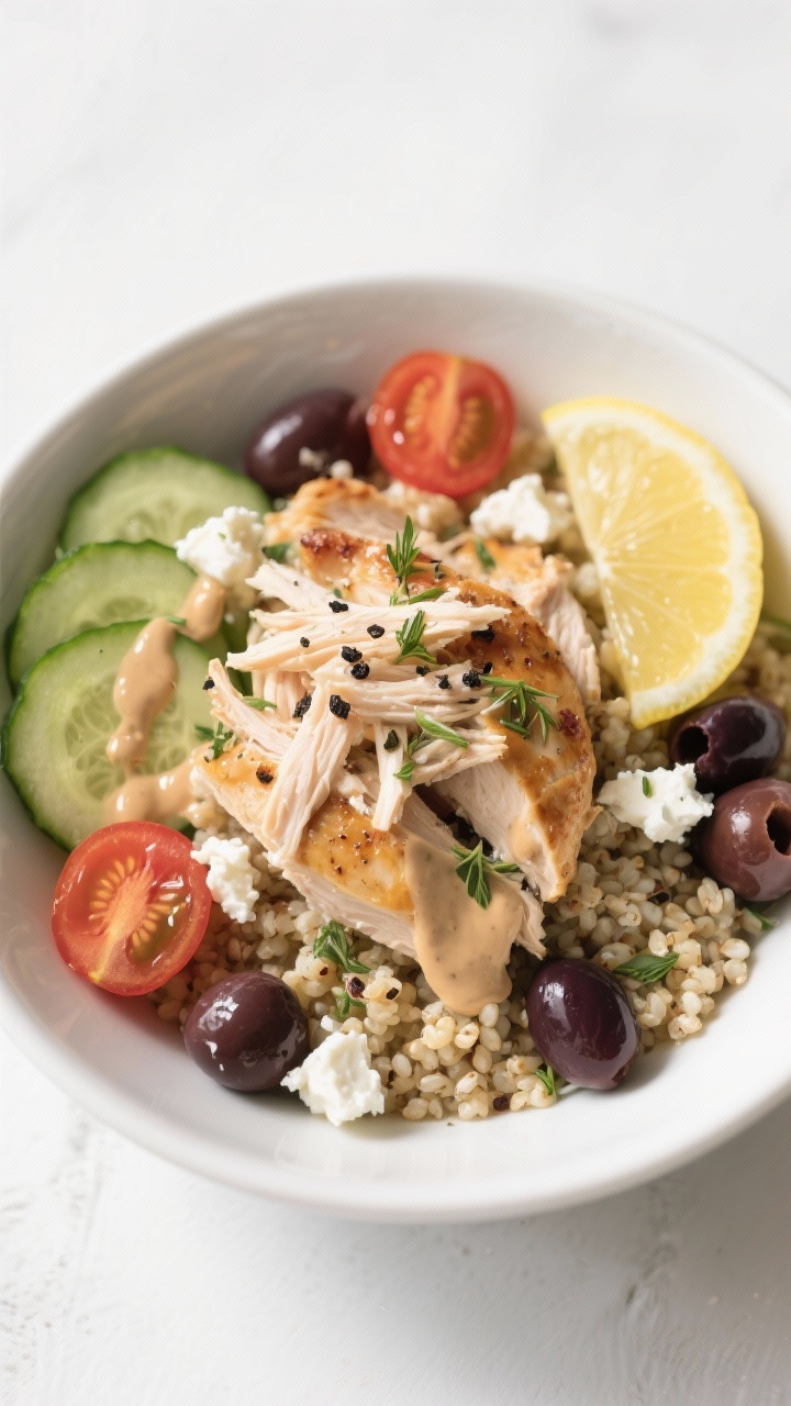 Overhead shot of a Mediterranean Power Bowl: fluffy quinoa base topped with lemon-oregano shredded r