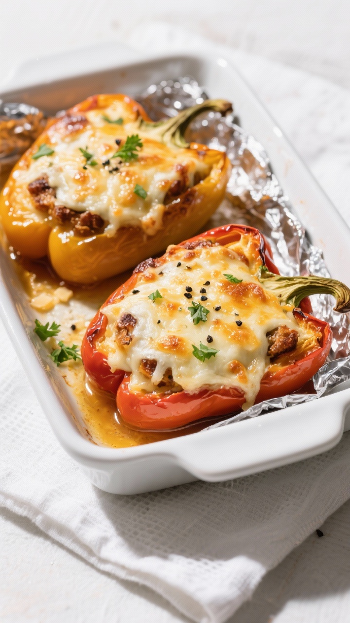 Overhead shot: Stuffed bell peppers just out of the oven in a white ceramic baking dish, cheese cap 