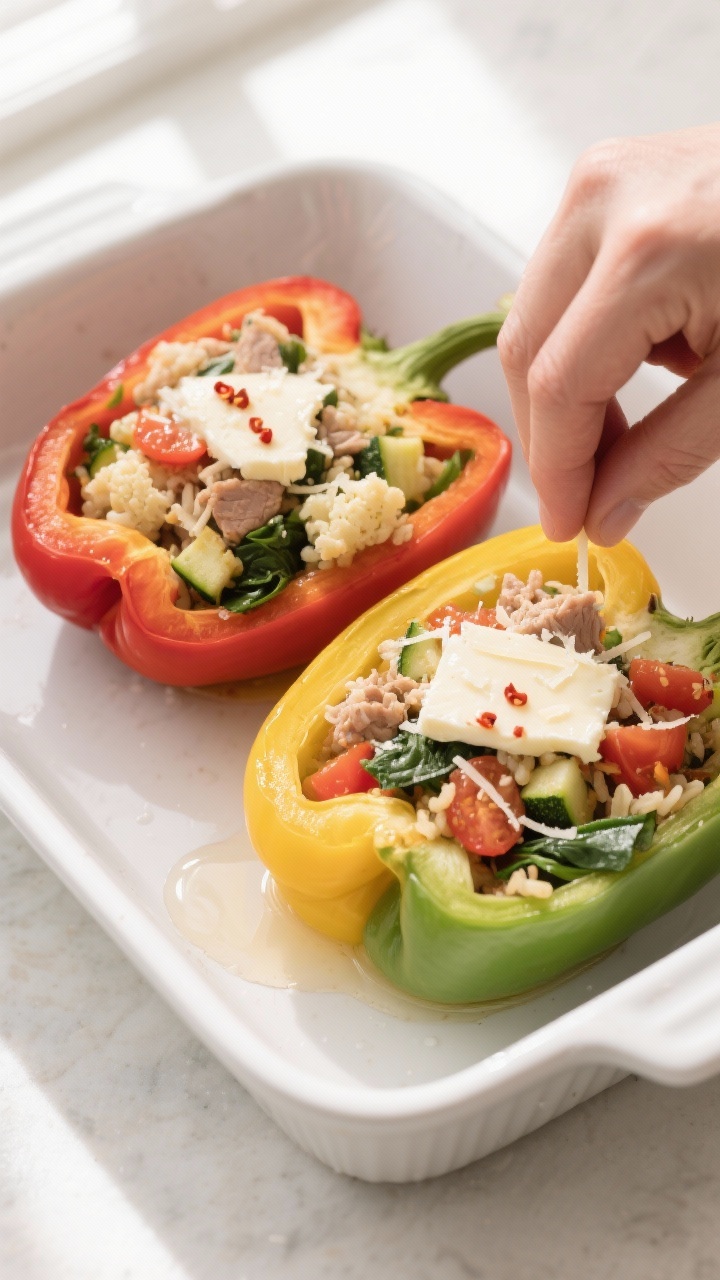 Overhead stuffing moment: Top-down shot of hollowed, prepped bell peppers (red, yellow, and green) s