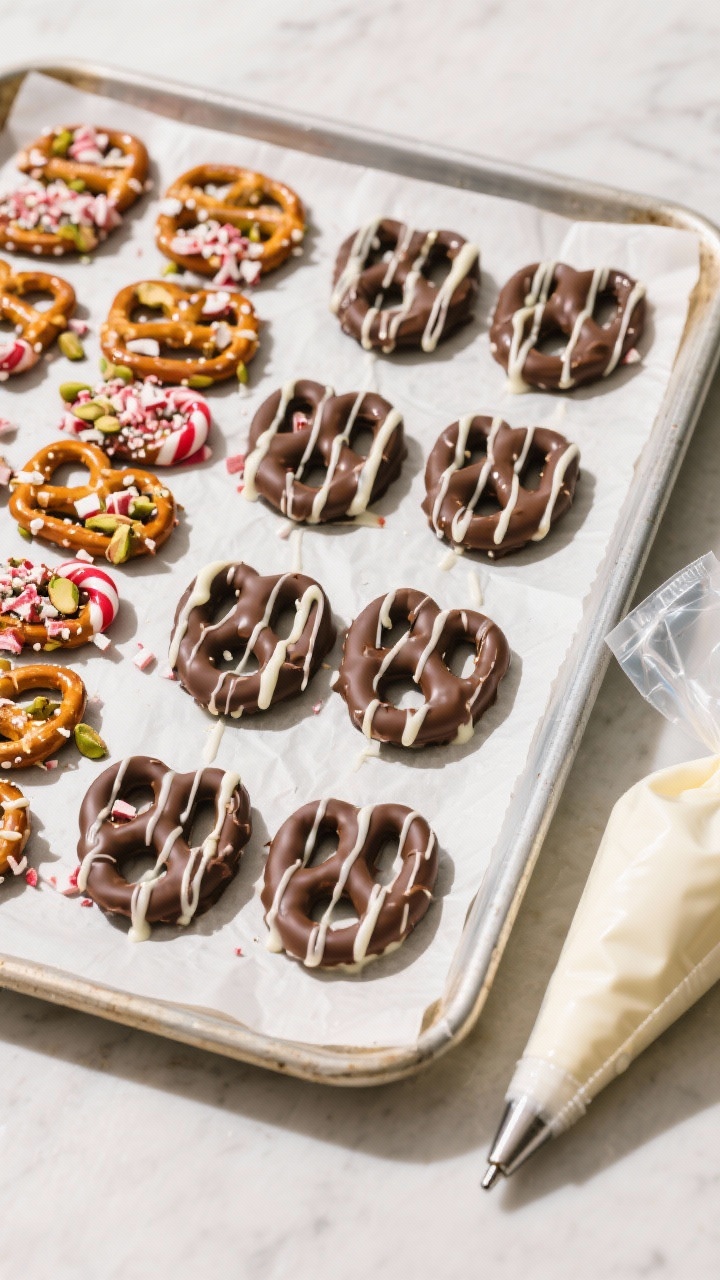 Overhead “tasty top view” of a full sheet pan lined with parchment showing batches at different 