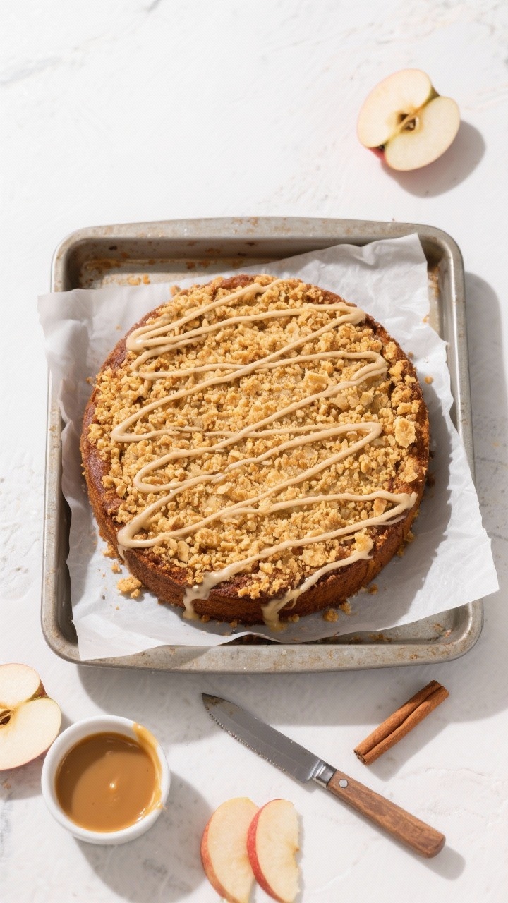 Overhead top-down shot of the whole coffee cake just cooled and lifted from the pan on parchment, ev