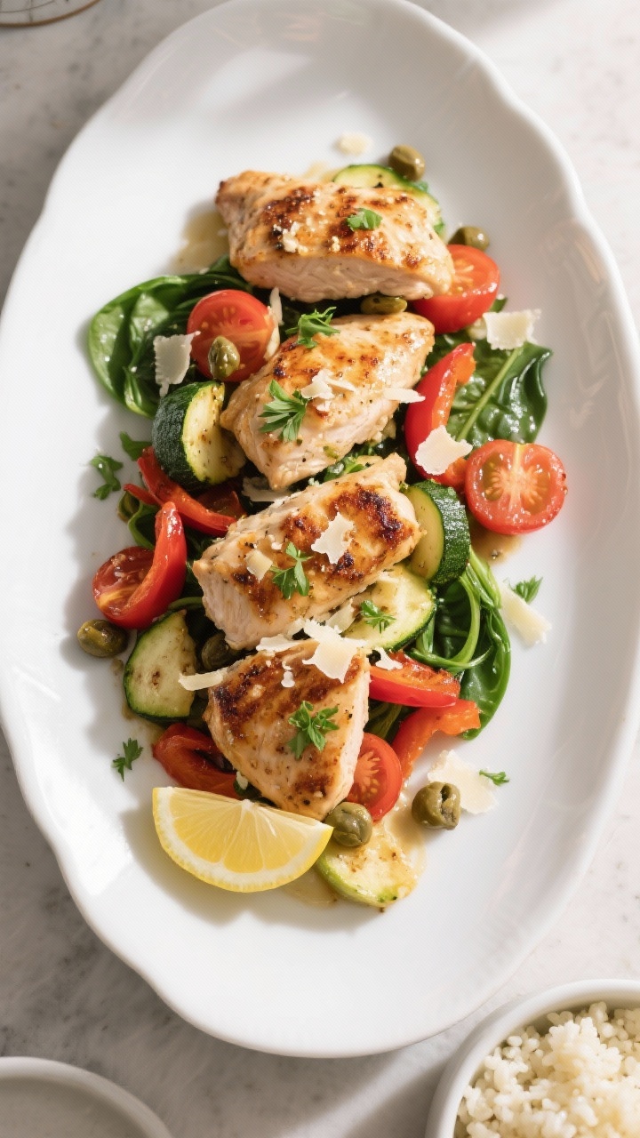 Plated hero shot: Beautifully plated High Protein Low Carb Chicken Skillet on a wide white ceramic p