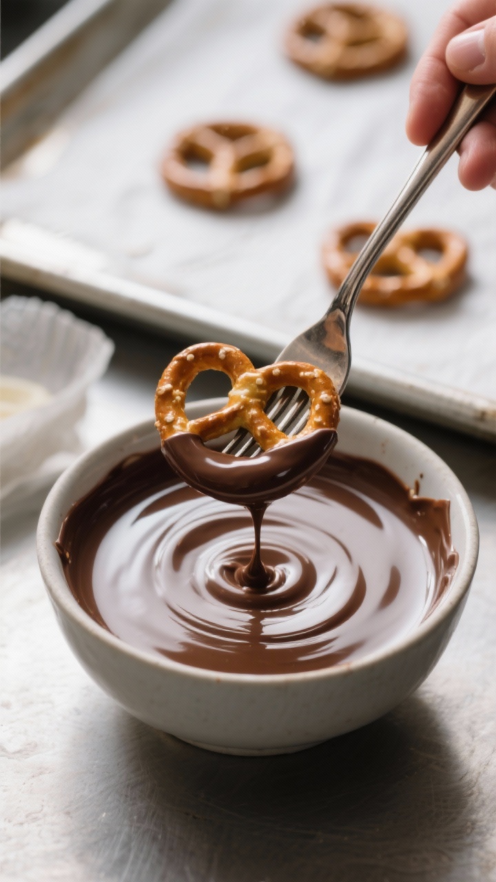 Process action close-up focusing on technique: a fork lifting a single pretzel from a bowl of silky 
