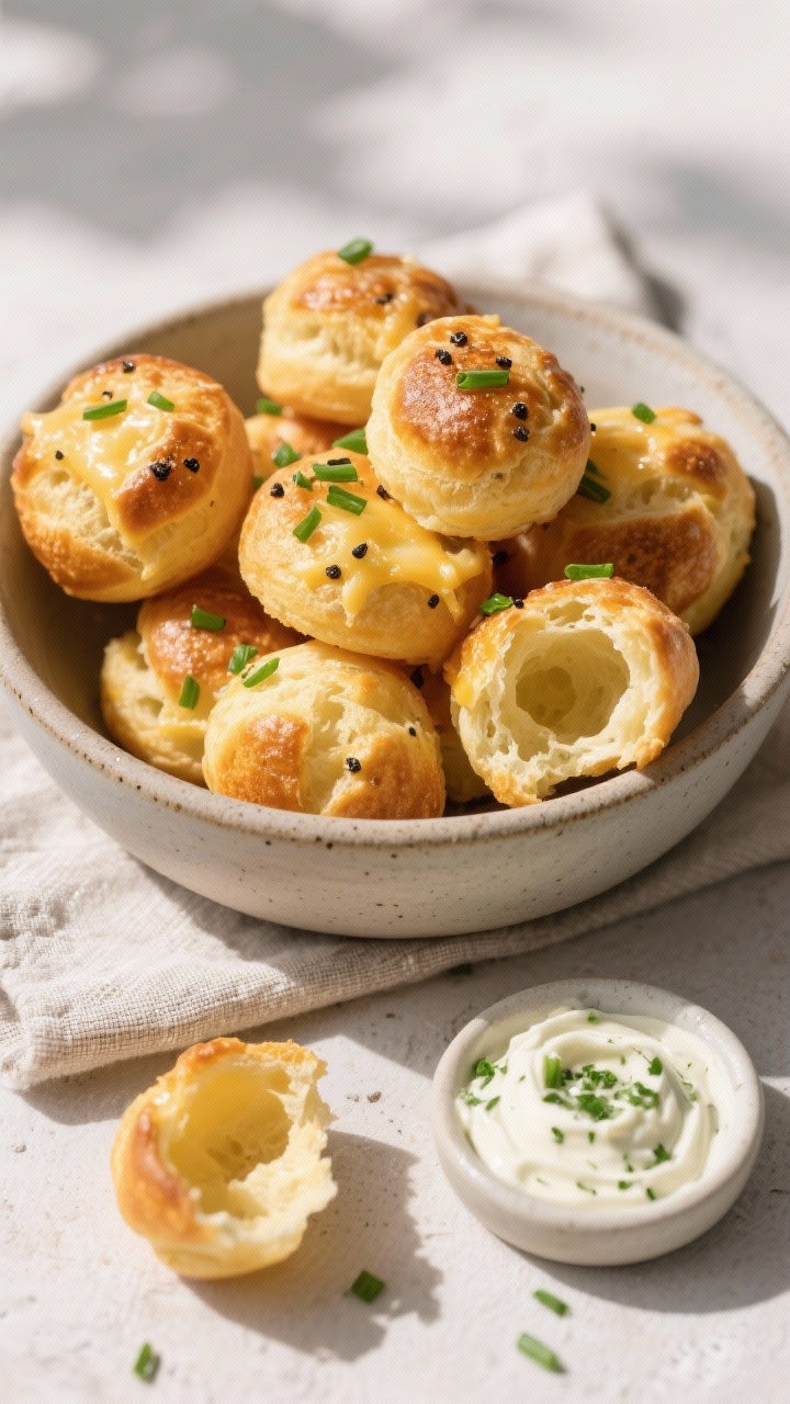Savory variation top view: Overhead shot of gluten-free gougères (with Gruyère, black pepper, and 