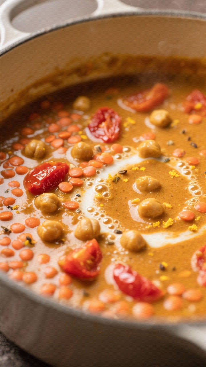 Simmer stage — creamy legume base: Close-up detail of the curry mid-simmer showing tender red lent