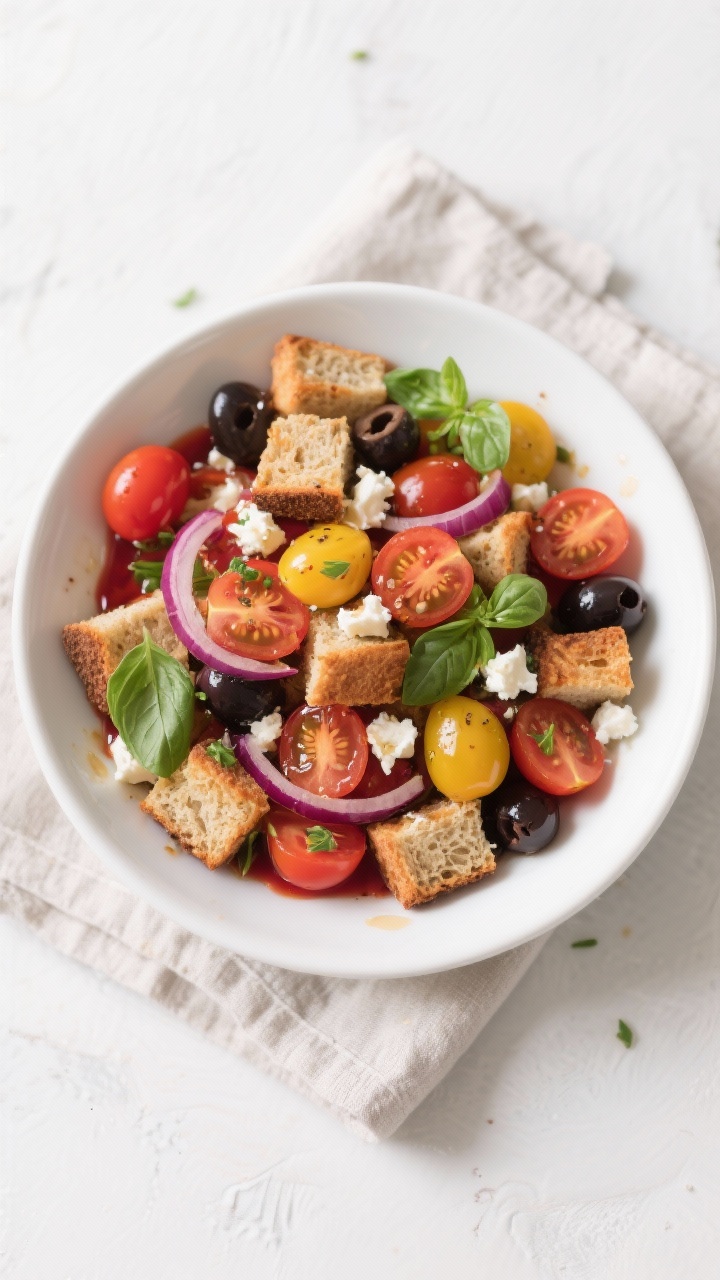 Tasty top view: 10-Minute Cherry Tomato Panzanella, overhead shot of toasted whole-grain bread cubes
