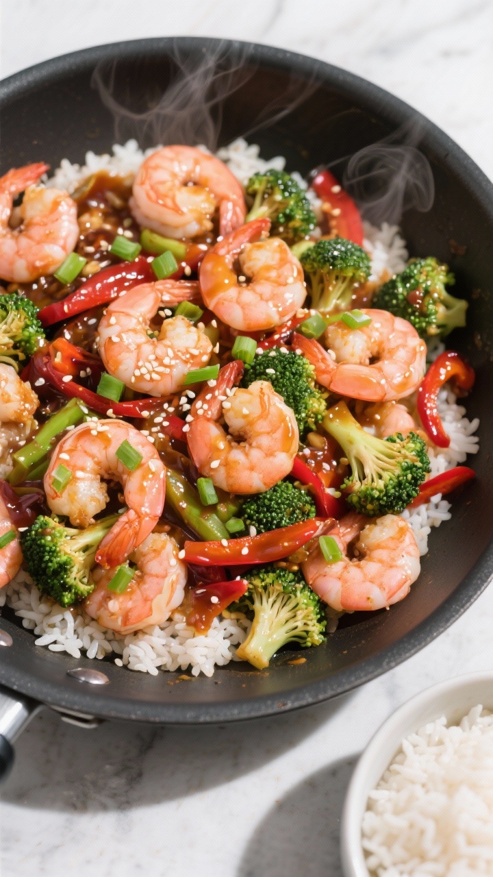 Tasty top view — 15-Minute Shrimp Stir-Fry with Quick Rice: Overhead shot of a wide skillet filled