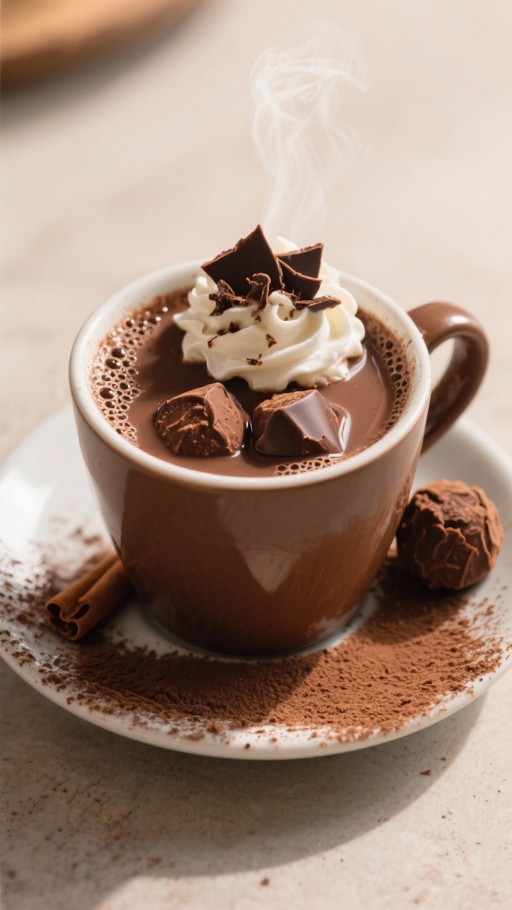 Tasty top view: A café-style hot chocolate in a wide ceramic mug, made by melting 2 truffles into s