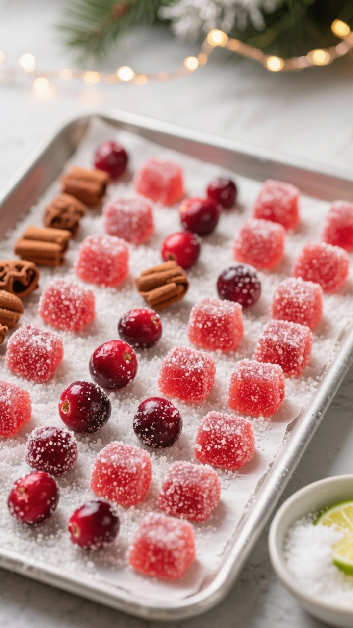 Tasty top view: a parchment-lined sheet tray filled with sugar-coated cranberry-lime gumdrops (ruby 