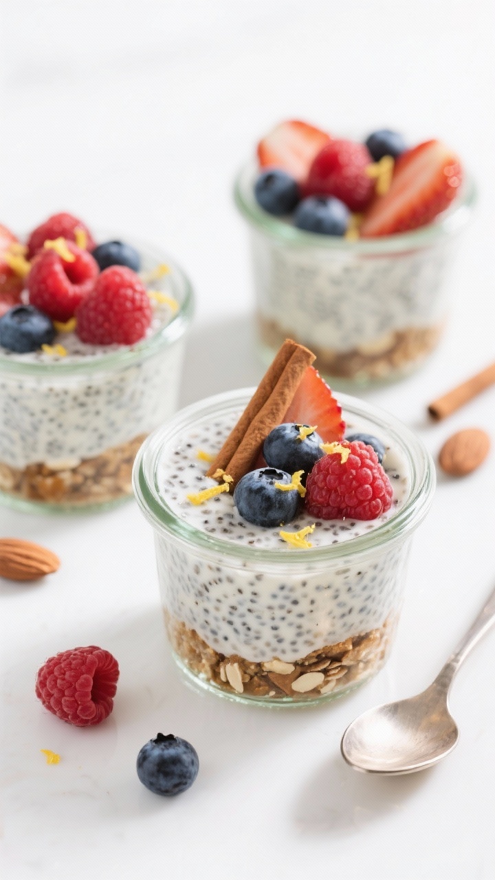 Tasty top view: Berry Chia Cheesecake Cups layered in small 6-ounce glass jars—crushed roasted alm