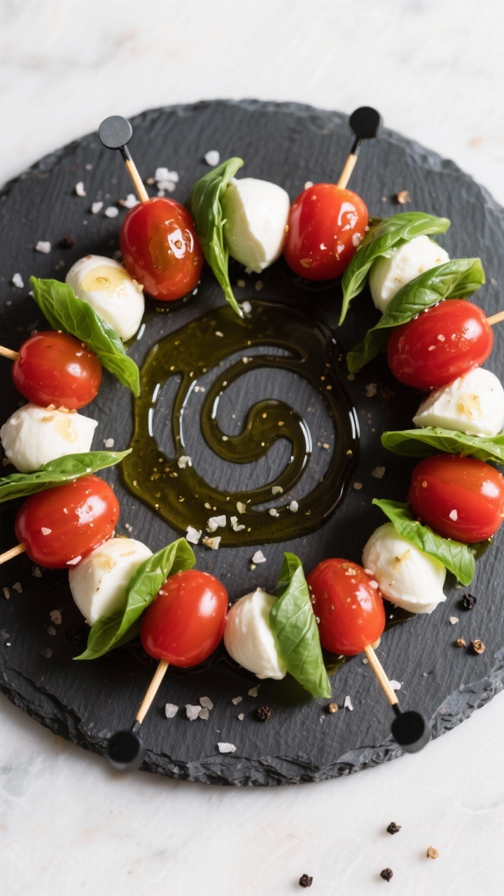 Tasty top view: Caprese skewer wreath arranged in a perfect circle on a round slate board—alternat
