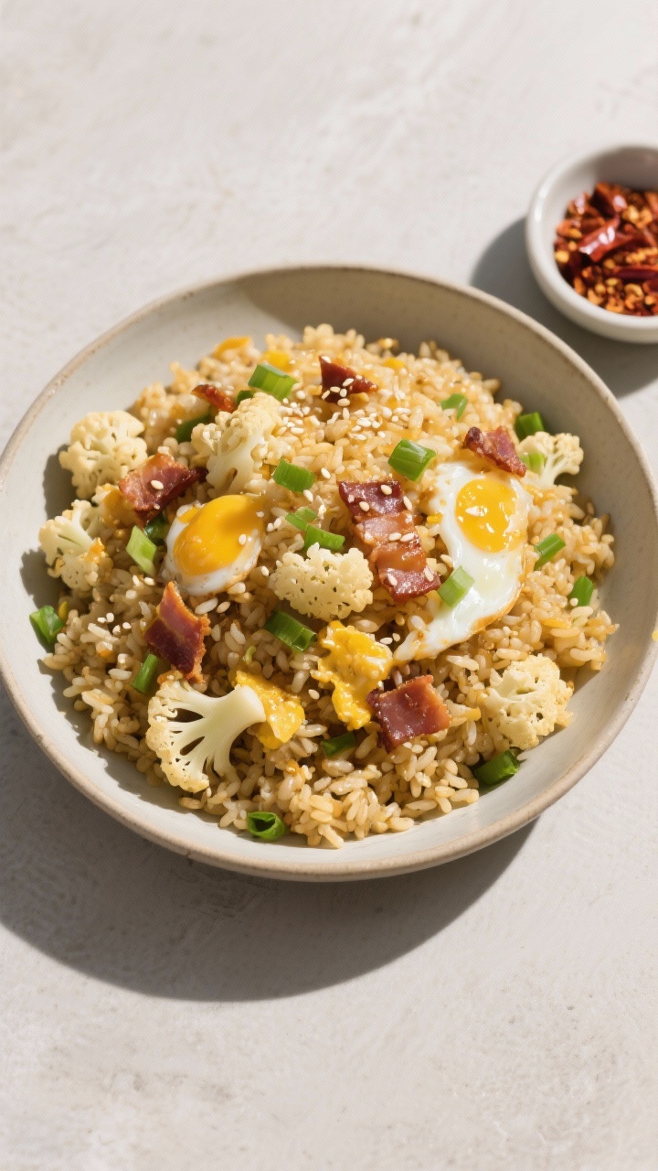 Tasty top view: Cauli-rice “fried rice” in a wide, shallow bowl—golden sautéed cauliflower ri