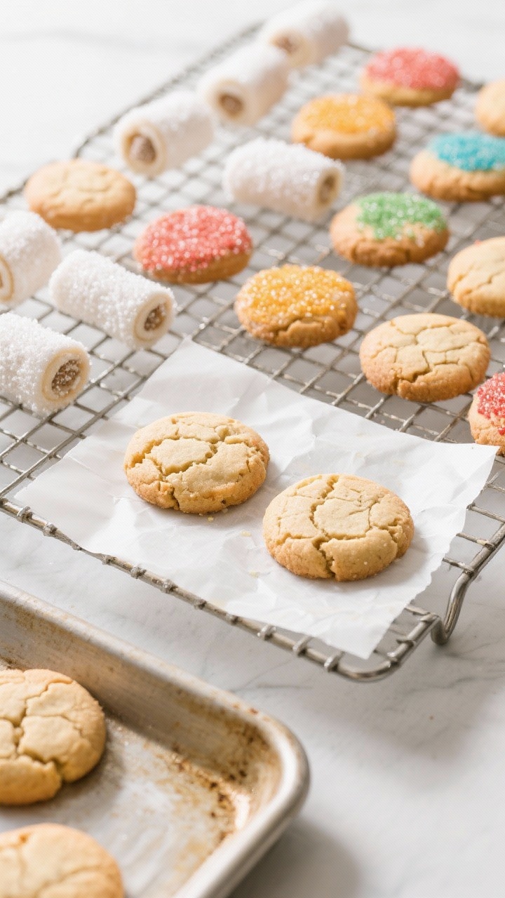 Tasty top view: Cooling rack scene from above with an array of finished cookies—some rolled in cla