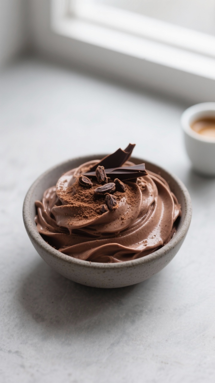 Tasty top view dessert: Overhead shot of velvety no-sugar chocolate mousse swirled into a small matt