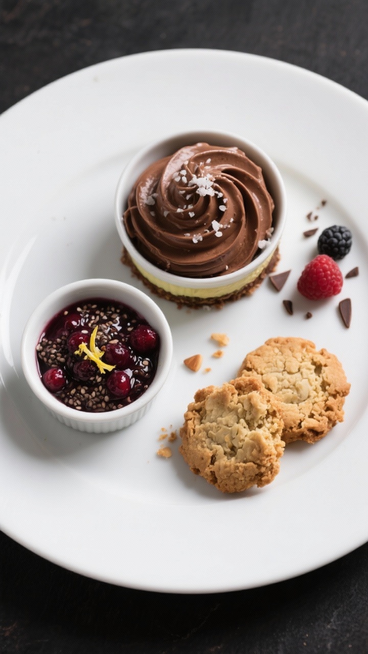 Tasty top view: Dessert trio sampler plate—one bowl of chocolate avocado mousse swirled smooth and