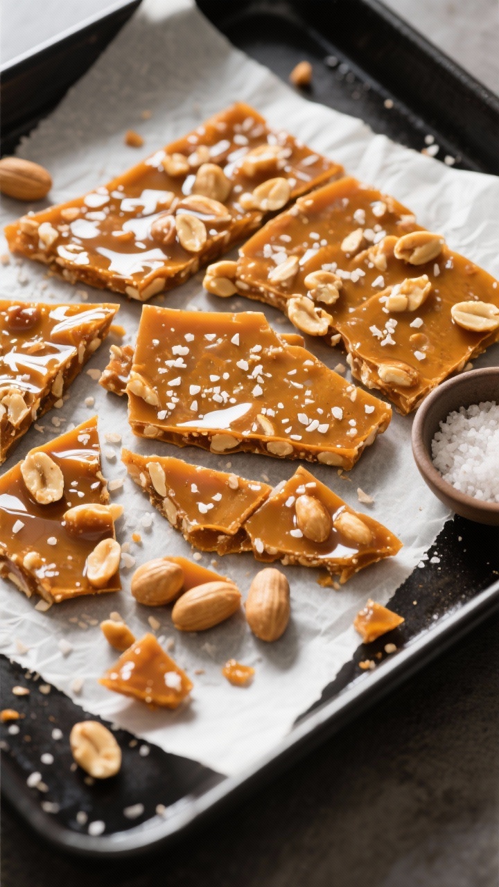 Tasty top view: Even, thin layer of fully cooled peanut brittle on parchment, broken into irregular 