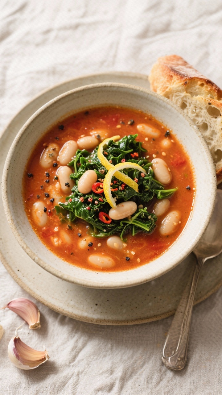 Tasty top view: Final bowl of Hearty Tuscan White Bean Soup shot from above—silky red-orange broth