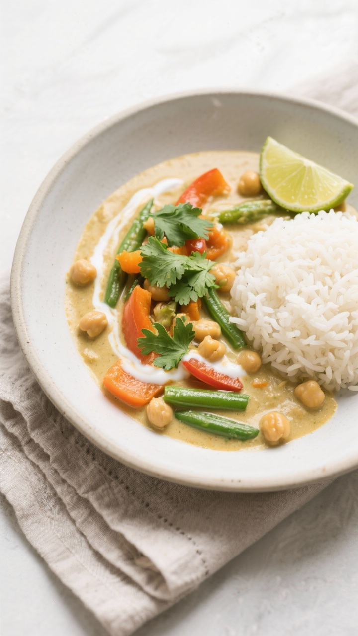 Tasty top view: Final plated creamy 20-minute veggie curry (vegan) in a wide shallow bowl—velvety 