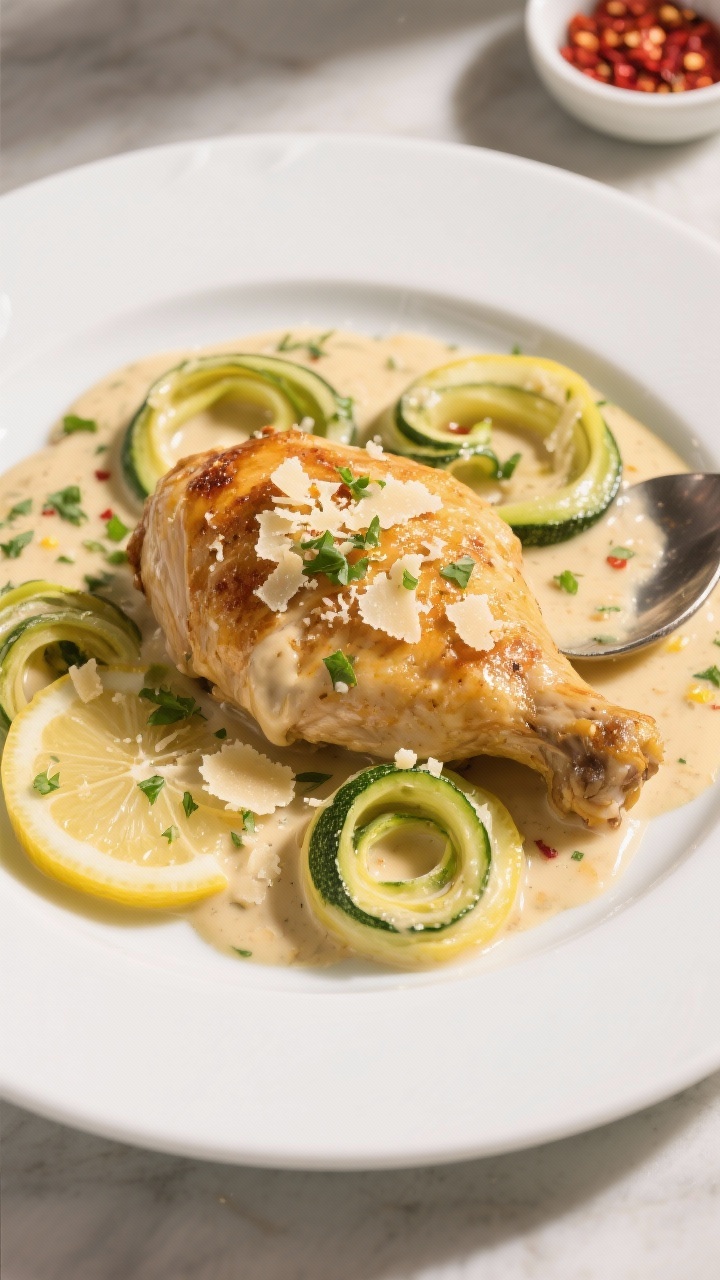 Tasty top view: Final plated one-pan creamy garlic chicken with lemon-zucchini ribbons, arranged in 