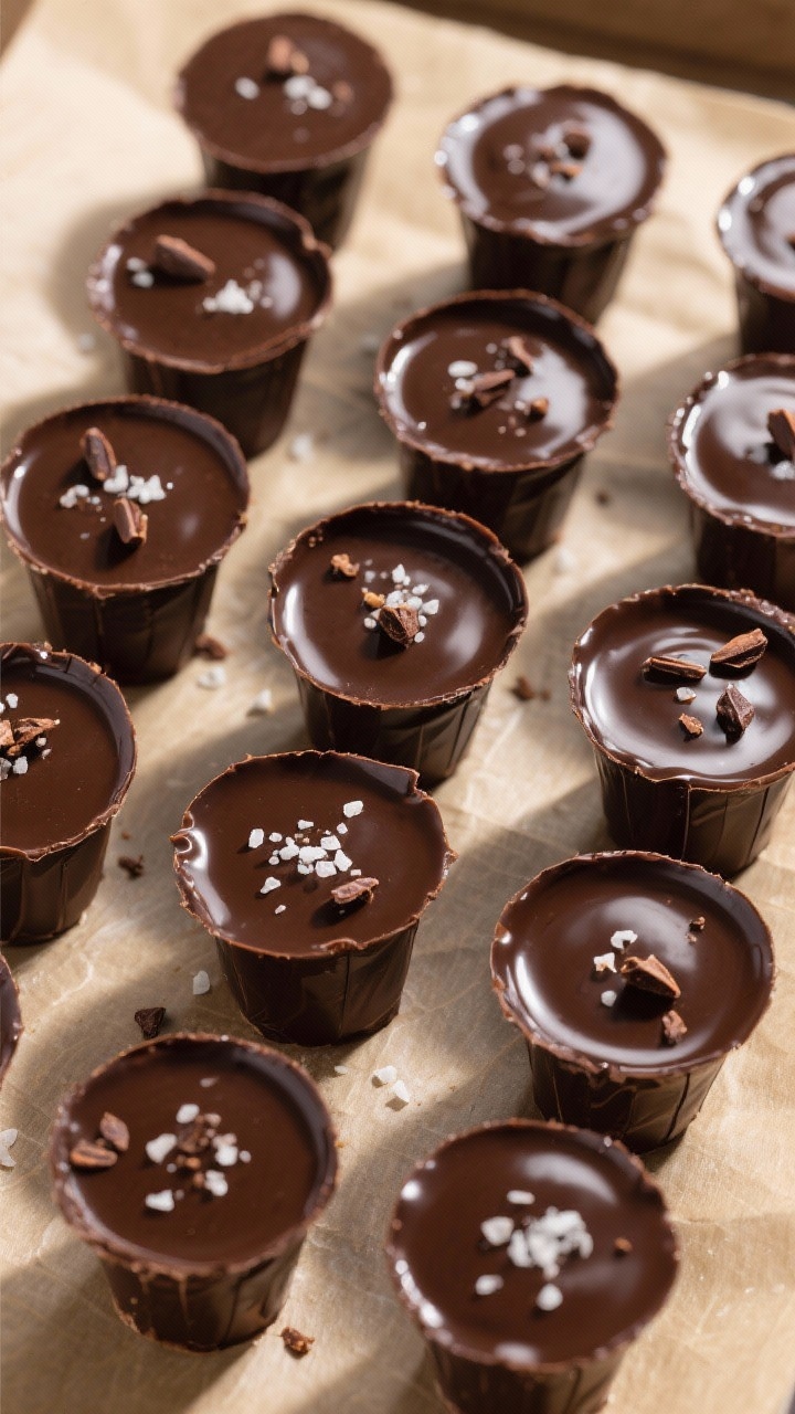 Tasty top view: Final sealed cups arranged in a tight grid on parchment—smooth, glossy dark chocol