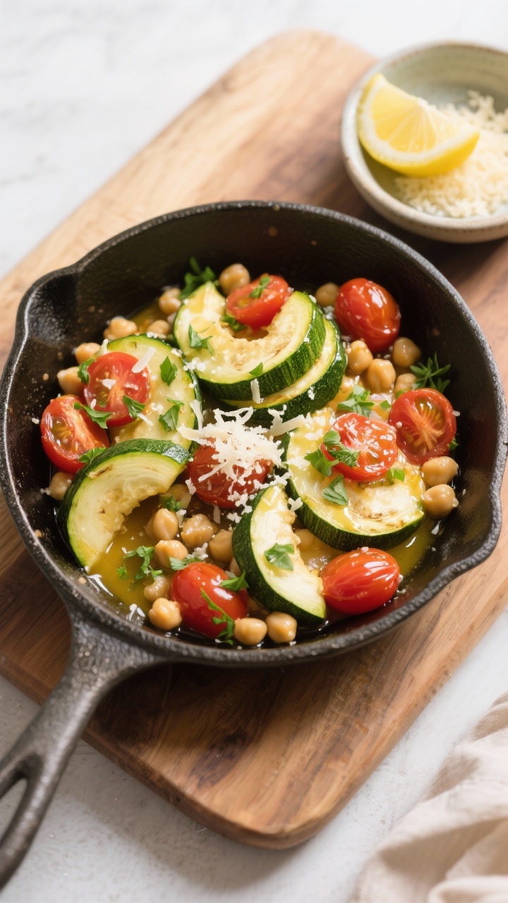 Tasty top view: Final skillet presentation from above—zucchini half-moons and chickpeas folded in,