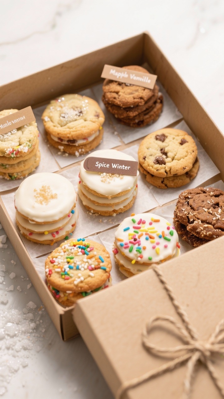 Tasty top view: Flat lay of a cookie gift box scene—neatly stacked, fully set iced cookies separat
