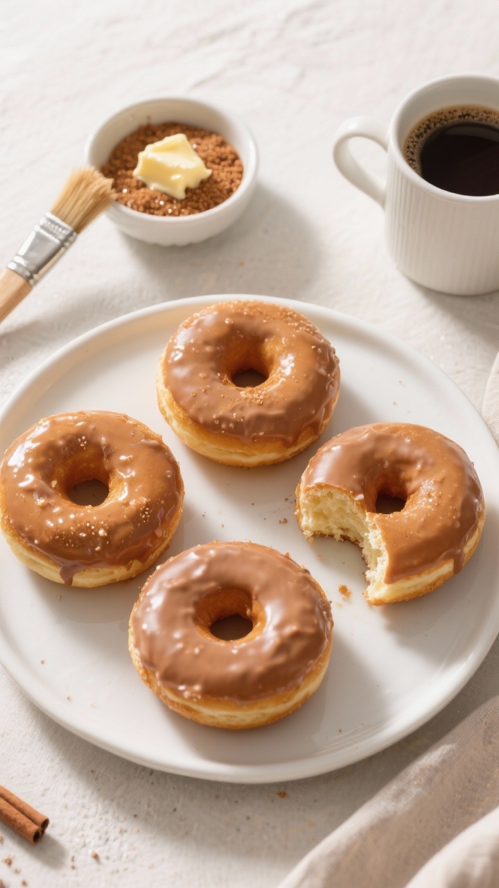 Tasty top view: Flat-lay of a cozy breakfast scene—four coated donuts arranged in a loose circle o