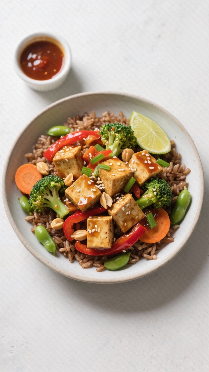 Tasty top view: High-protein tofu peanut stir-fry served over brown rice—crisp-edged tofu cubes la