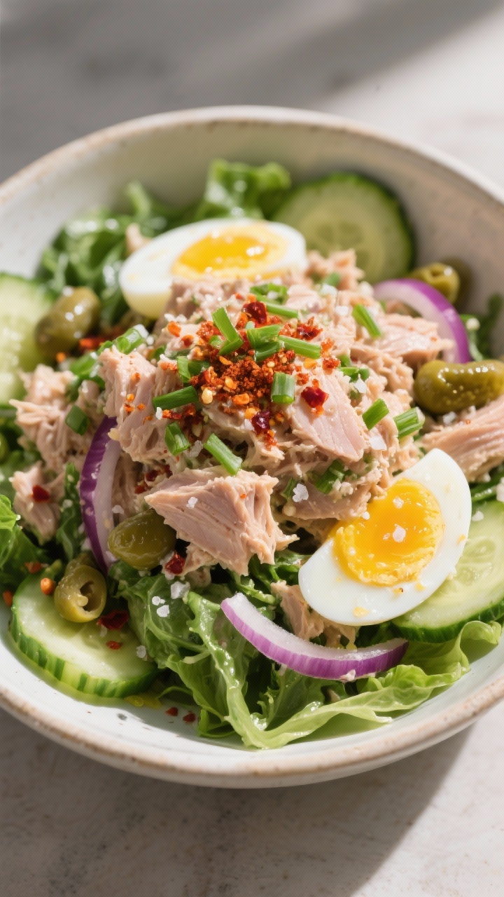 Tasty top view: Macro overhead of a protein-packed tuna salad bowl piled high over mixed greens with