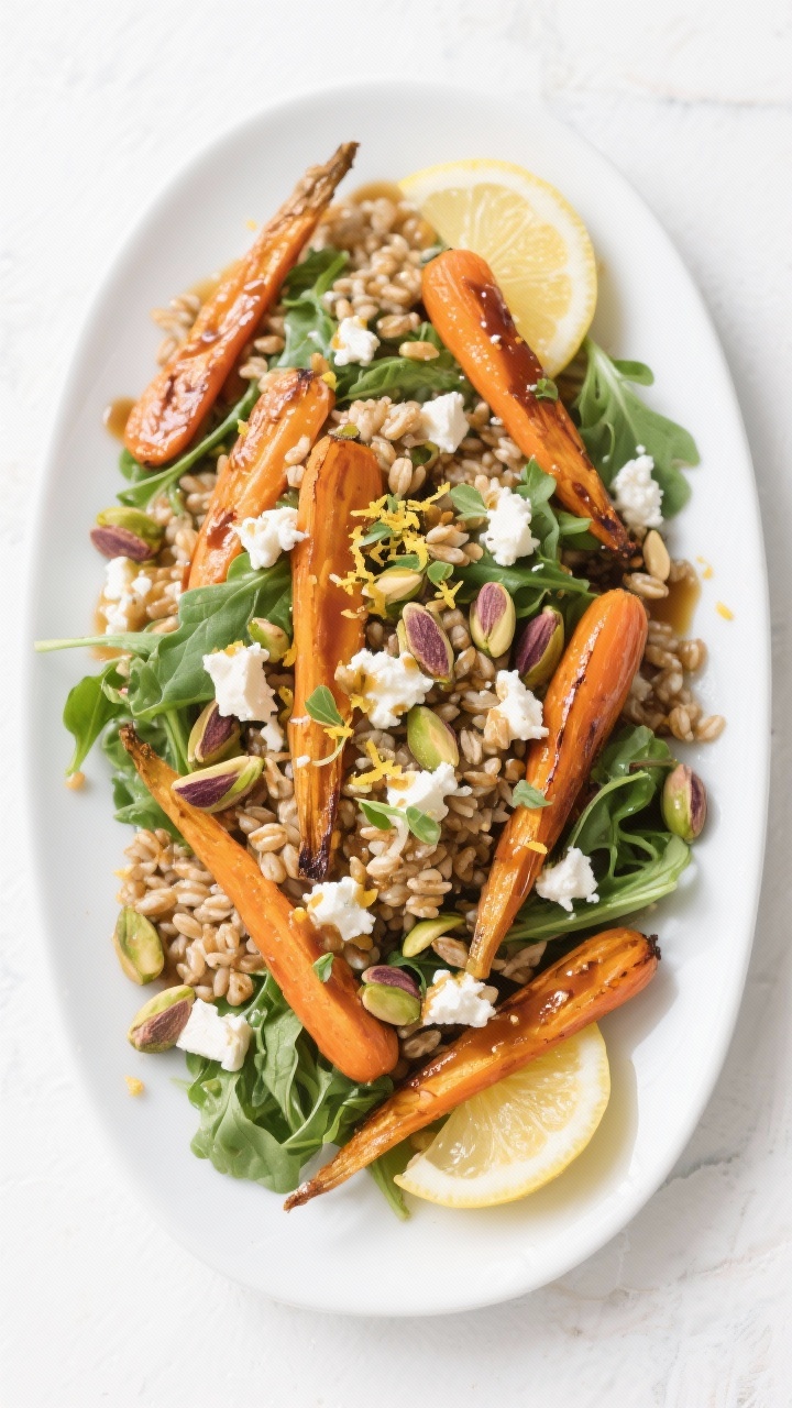 Tasty top view: Maple-Roasted Carrot and Farro Salad assembled for serving—overhead of a wide plat
