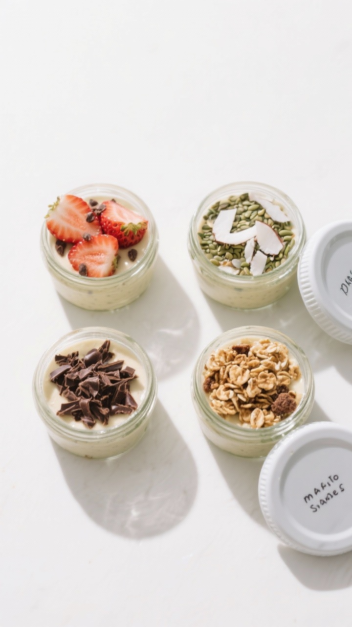 Tasty top view: Meal-prep scene from above—four lidded mini jars of set pudding arranged in a grid