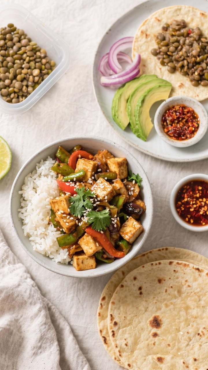Tasty top view: Meal-prep spread of high-protein tofu stir-fry bowl and lentil taco assembly—overh