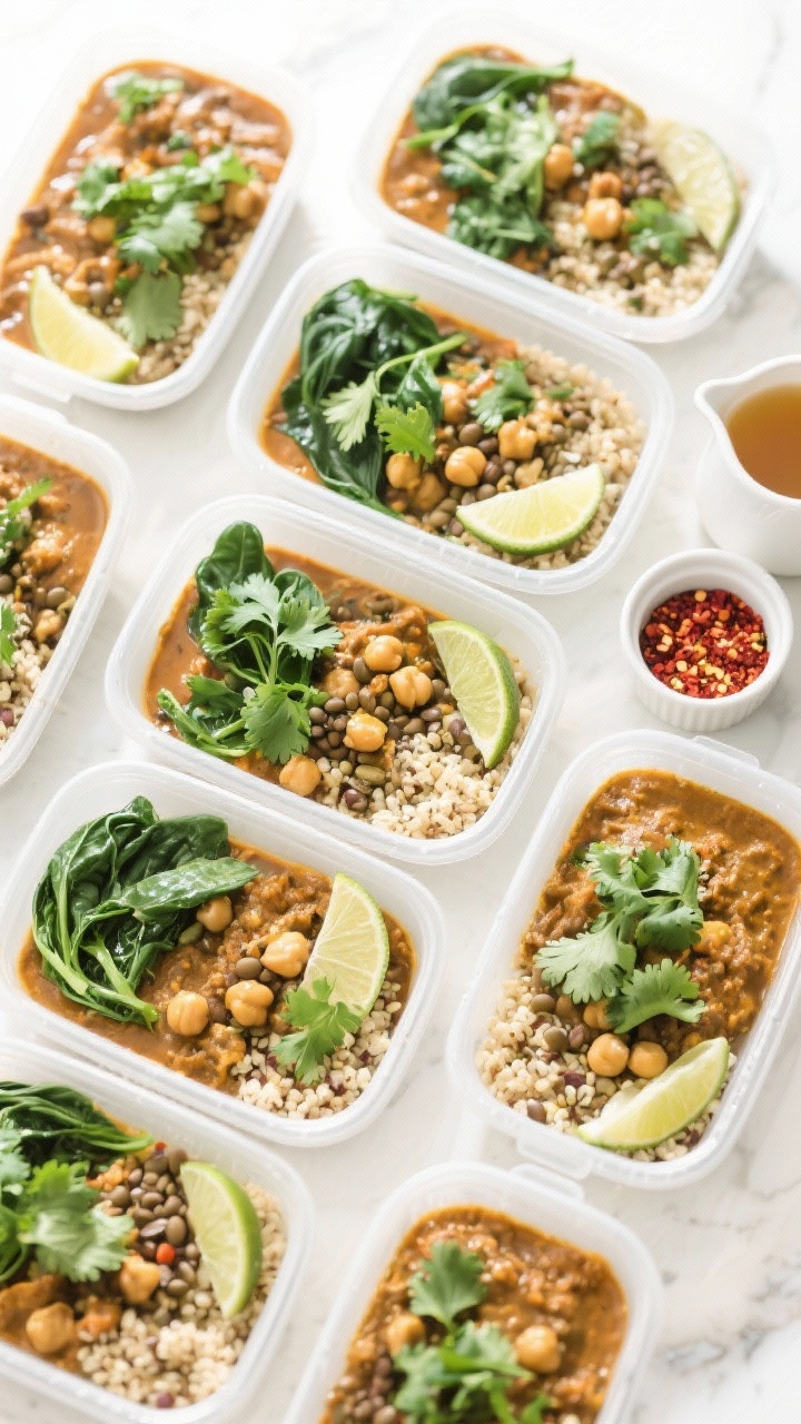 Tasty top view — meal-prep spread: Overhead shot of a neat grid of meal-prep containers filled wit