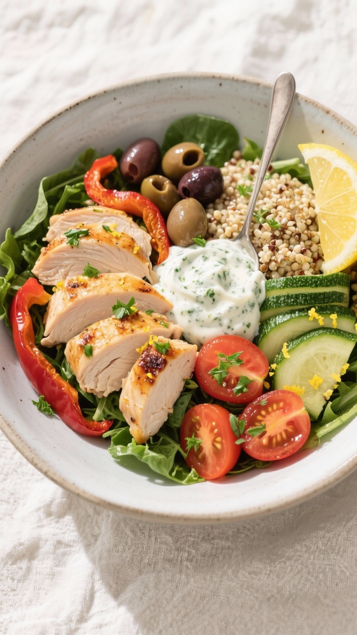 Tasty top view: Mediterranean Power Bowl—sliced roasted chicken breast, roasted peppers and zucchi