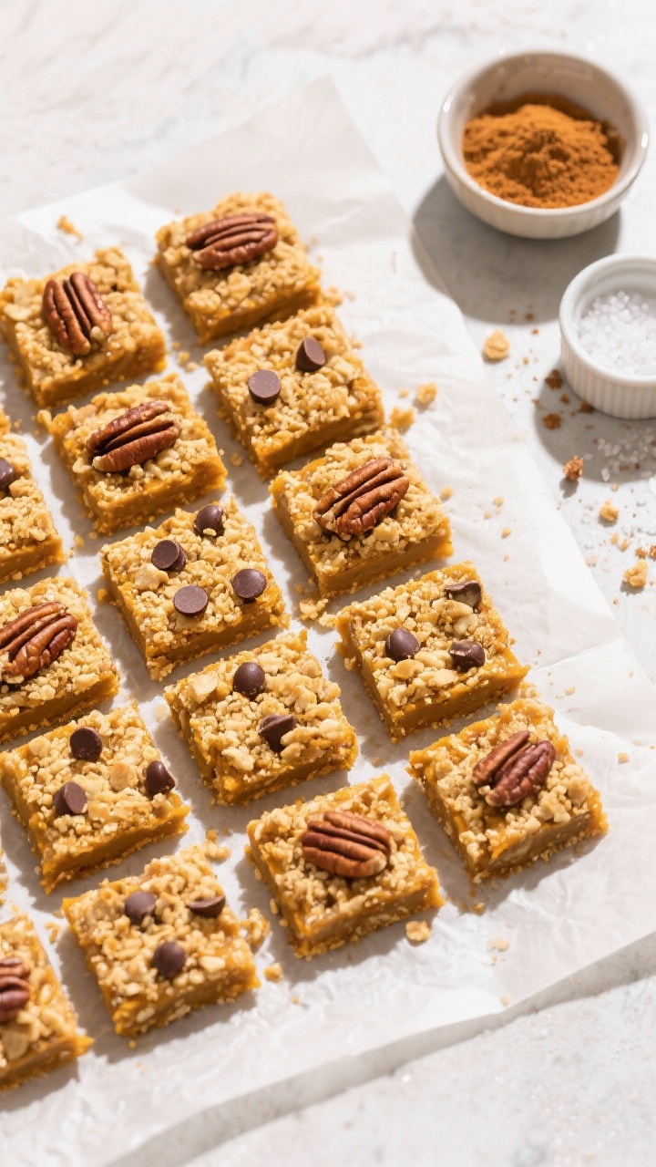 Tasty top view: Overhead board shot of 12 neatly cut pumpkin dessert bars arranged in a grid on parc