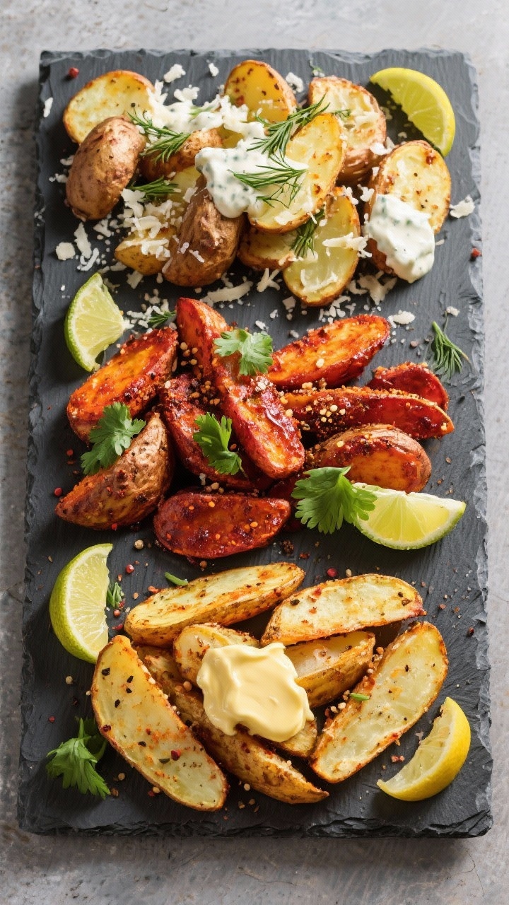 Tasty top view: Overhead board-style spread showing flavor variations—original seasoned potatoes, 