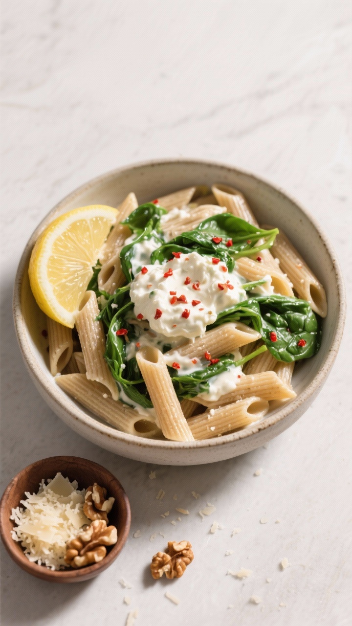 Tasty top view: Overhead bowl of whole-wheat penne coated in velvety ricotta sauce, vibrant green sp