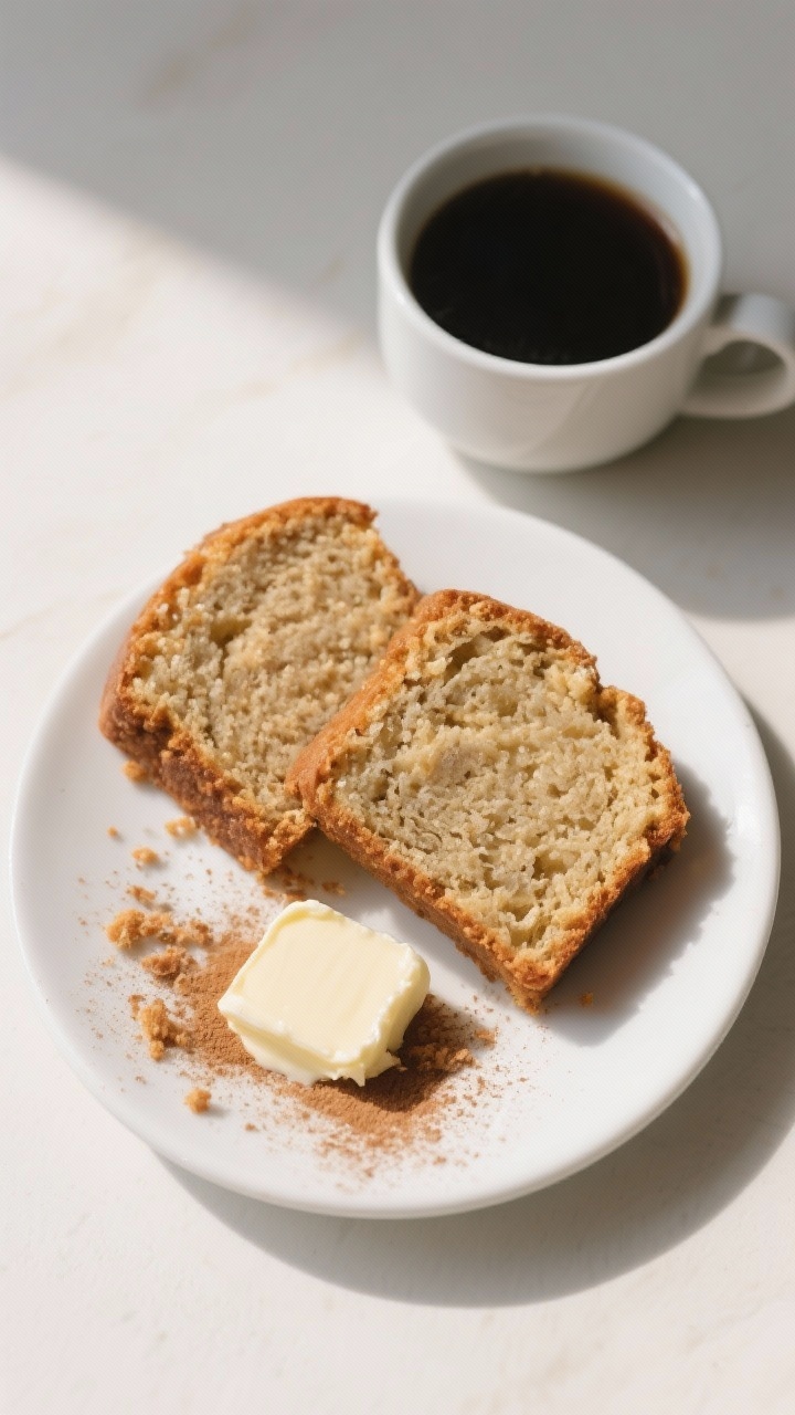 Tasty top view: Overhead breakfast scene with two slices of the keto banana cake on a white ceramic 