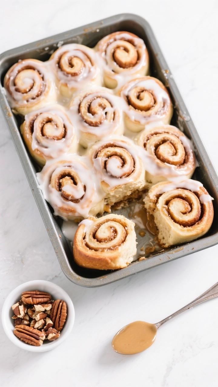 Tasty top view: Overhead brunch scene featuring a full pan of iced keto cinnamon rolls with visible 